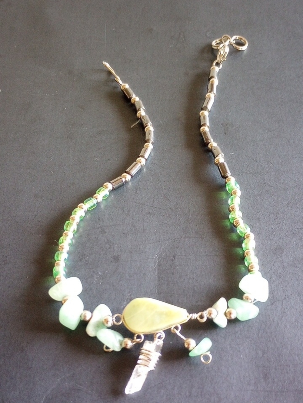 Handmade Green Beaded Pendant Necklace - Gold Accents